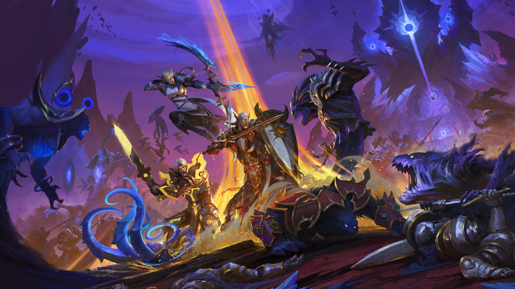World of Warcraft: Midnight artwork of blood elf champions fighting Void creatures