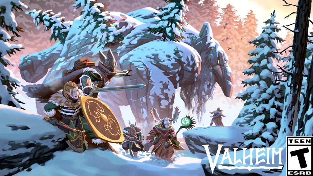 Valheim 1.0 art of a Viking warrior and companions in the snowy Deep North with a troll behind them