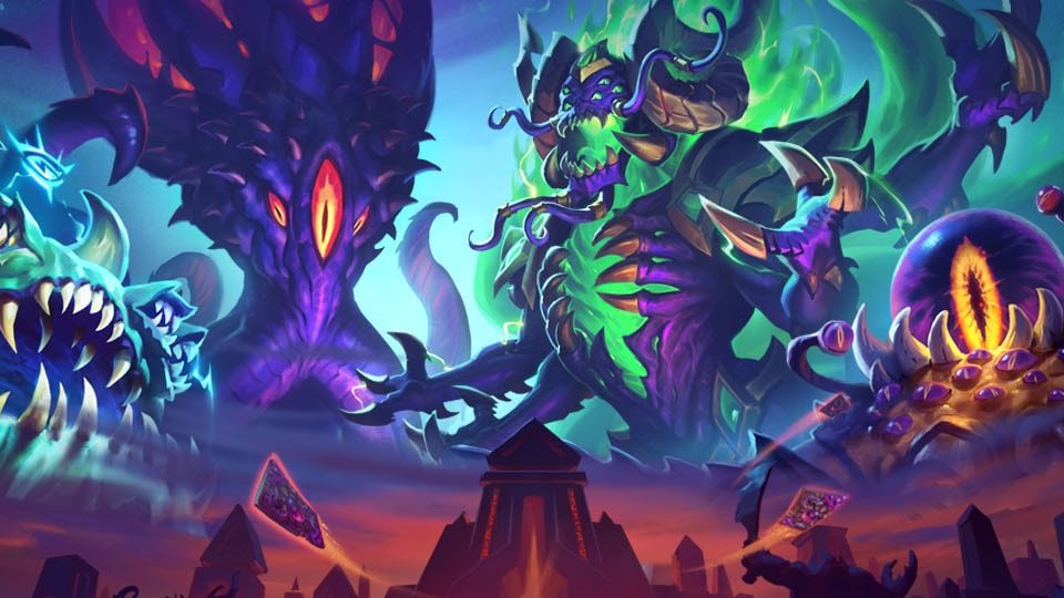 Hearthstone Reign of the Black Empire artwork of the Old Gods looming over an ancient city