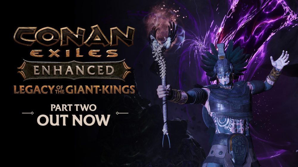 Conan Exiles Enhanced: Legacy of the Giant-Kings Part Two, Out Now key art with a masked sorcerer holding a bone staff amid purple rift energy