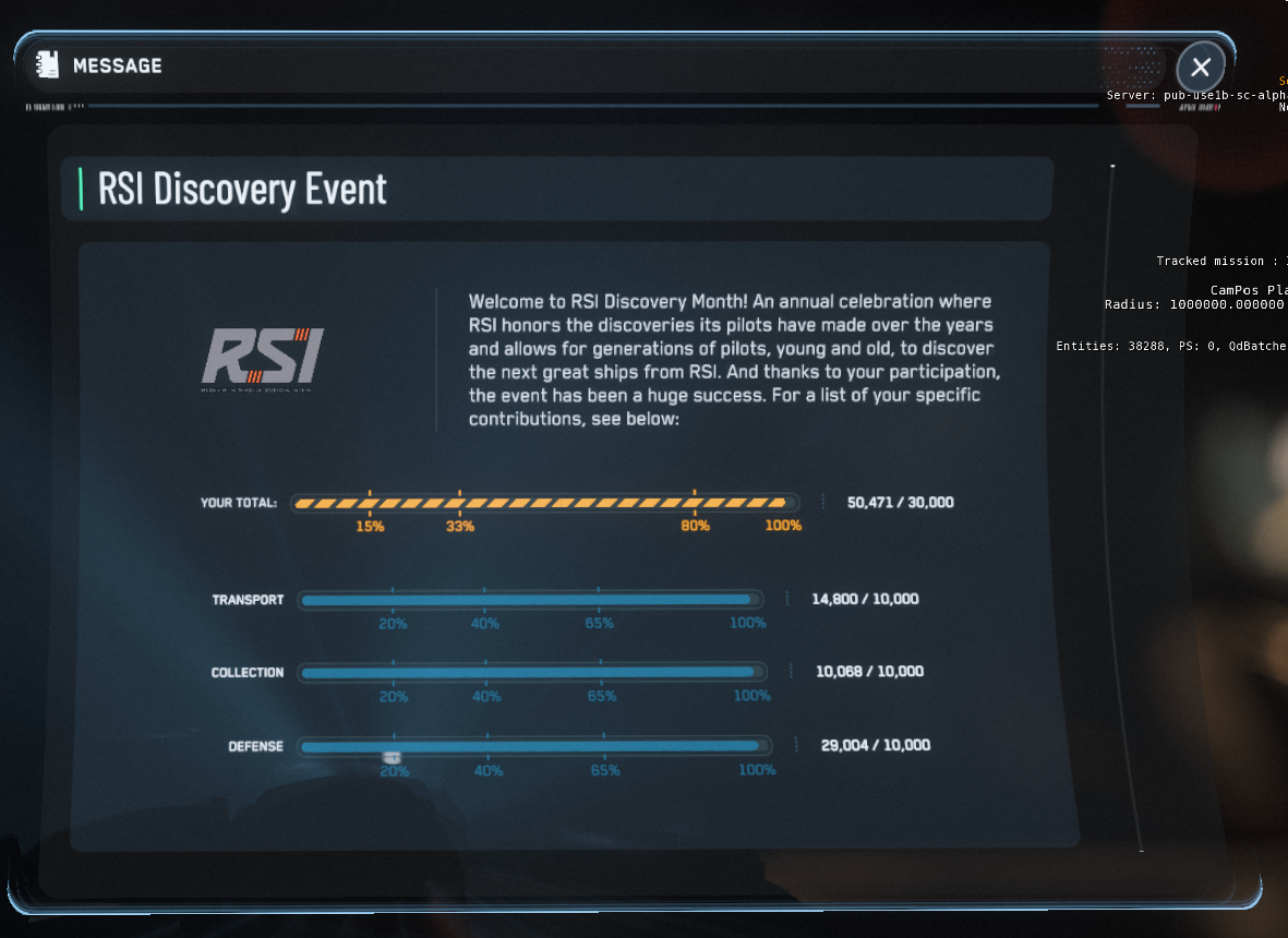 RSI Discovery Month event panel showing Your Total 50,471/30,000, Transport 14,800/10,000, Collection 10,068/10,000 and Defense 29,004/10,000