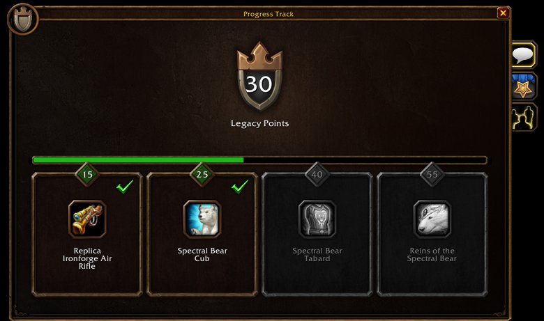 World of Warcraft: Forever Legacy Perks interface showing Legacy Points and rewards