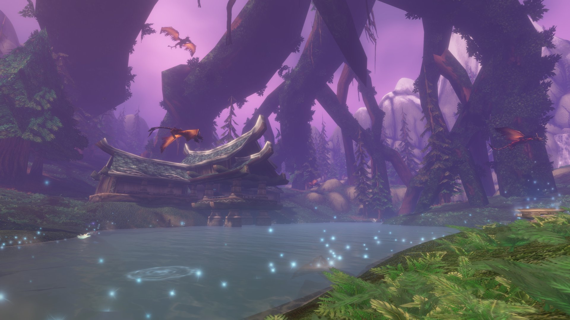 World of Warcraft: Forever screenshot of a purple-lit forest lakeshore
